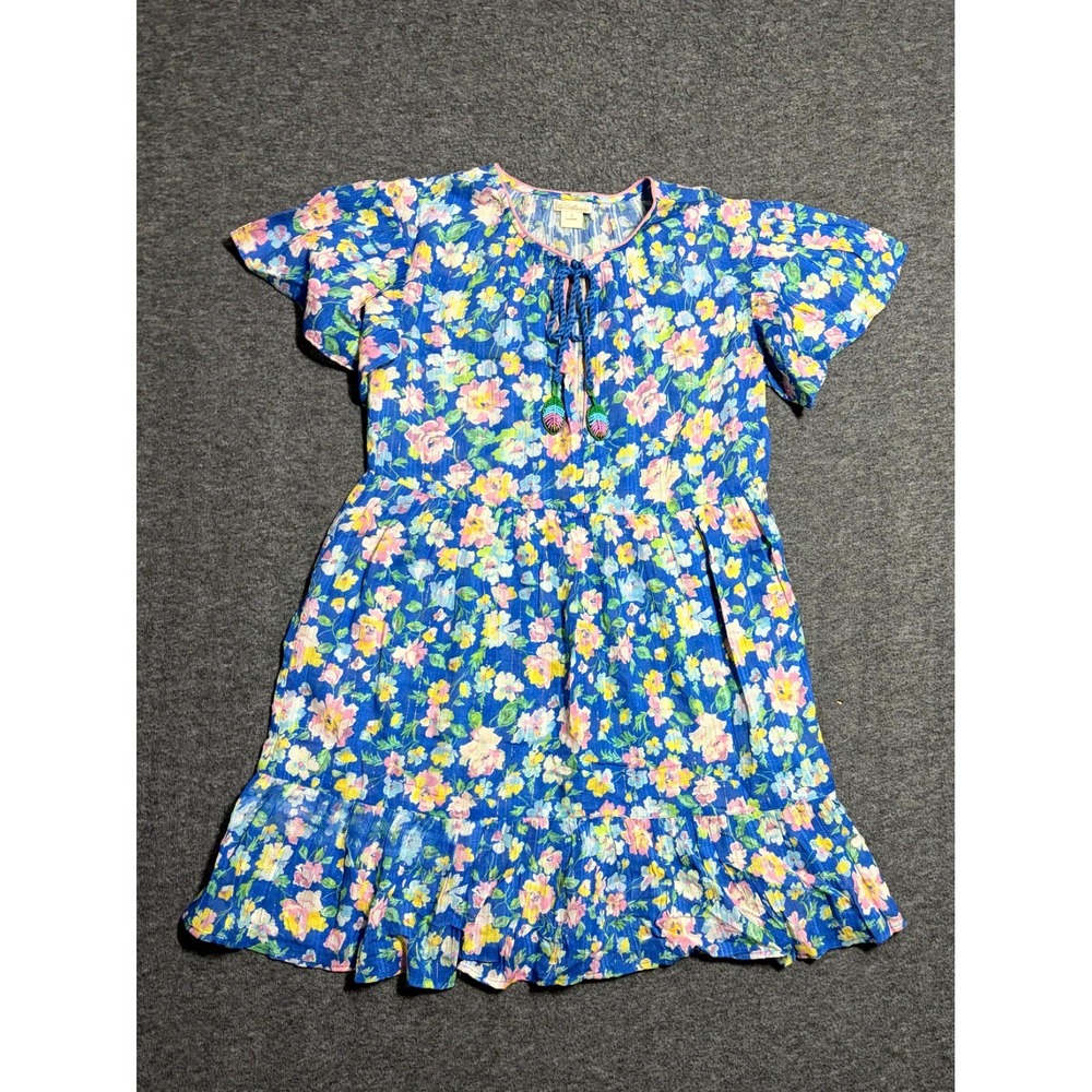 Shoshanna Mini Dress Womens Small Multicolor Floral Ruffled Hem Pleated Tie Neck